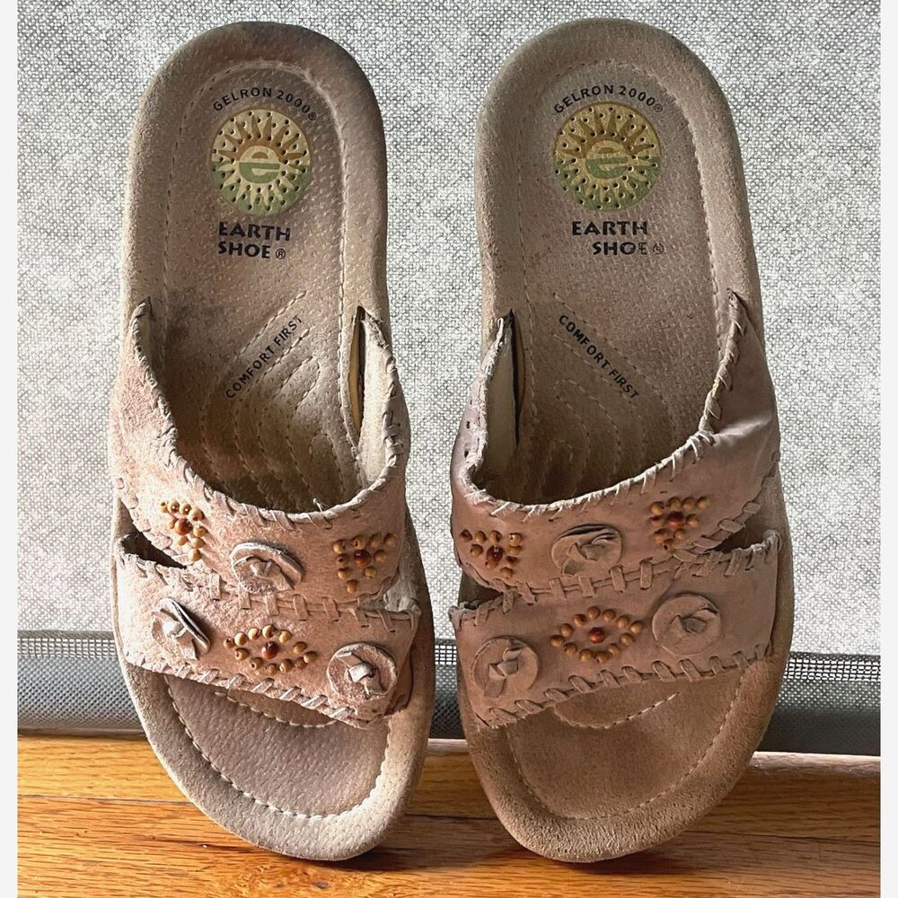 Earth Shoes Conway Leather Slide Sandals Gelron 2000 Beaded Women's 7.5
